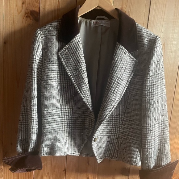 Vintage '80's Gucci Wool Plaid Nubby Tweed Houndstooth Blazer Jacket Velvet Trim - Picture 8 of 9